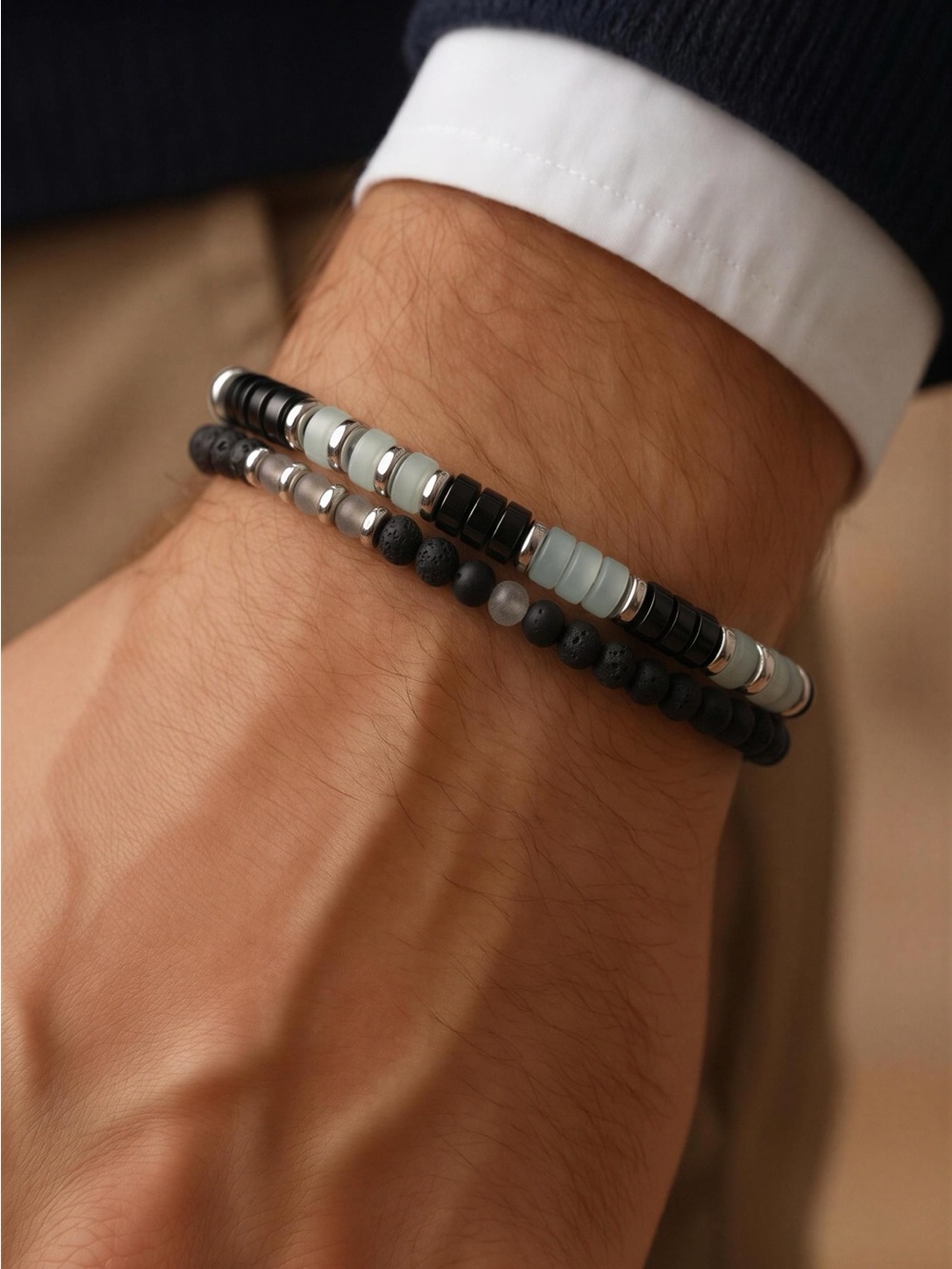 Fashion Jewelry Black & Gray Men's Beaded Bracelet Set